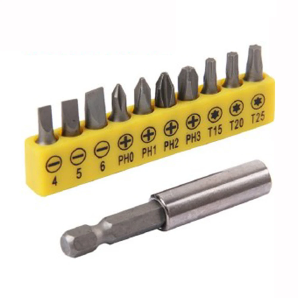 Rubber Strip Cross Screwdriver Head Bit 10pc 60mm Conversion Extension Rod Woodworking Power Tool Set