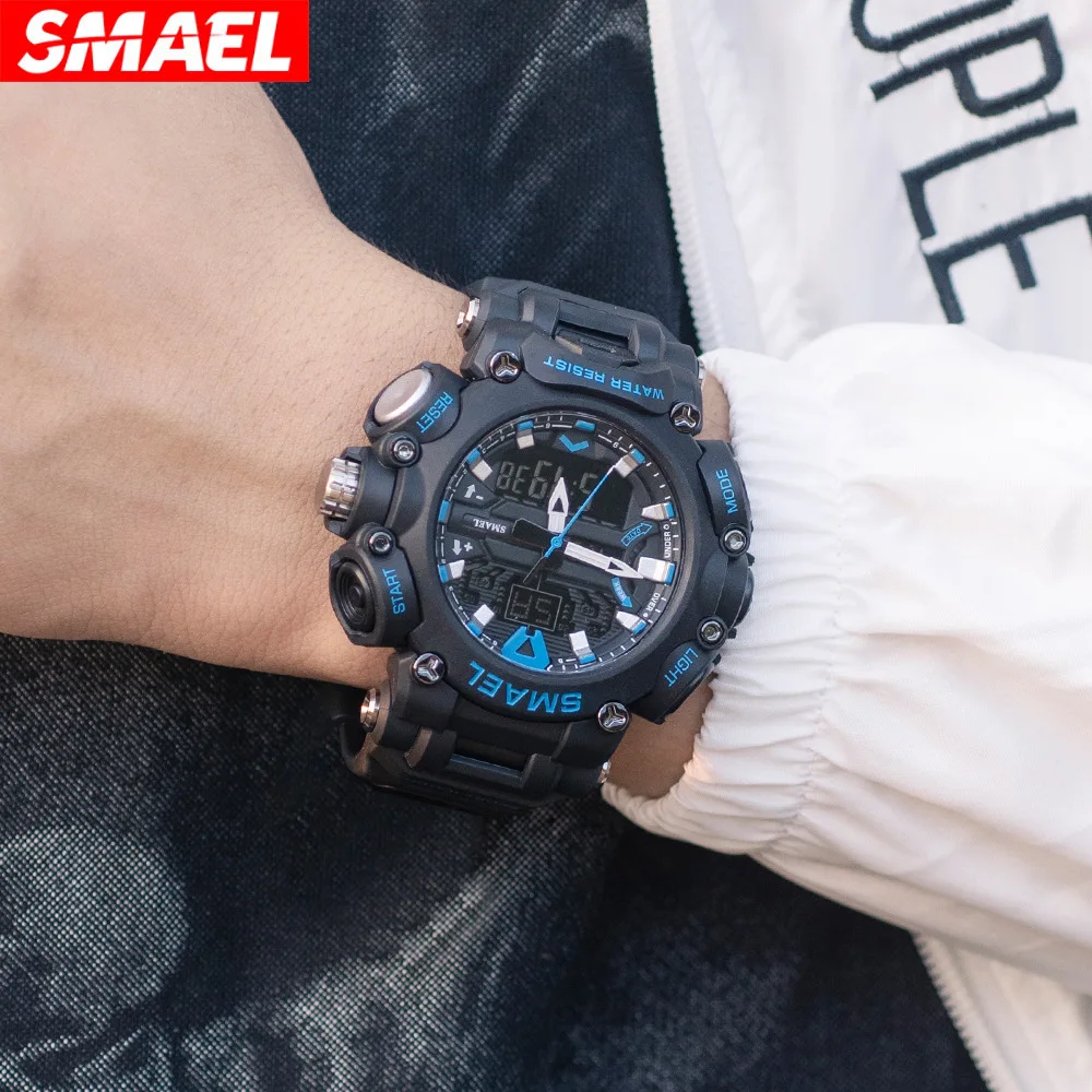 SMAEL 8053 Men Electronic Watch Sport Cool Black Digital Analog Display Silicone Strap Military Wristwatches for Male Clock 2
