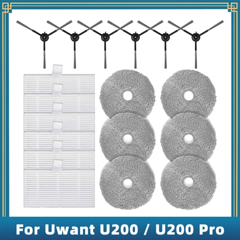 

18 PCS Side Brush Hepa Filter Mop Cloth Black-White & Gray Plastic+Microfiber For Uwant U200 / U200 Pro Robot Vacuum Cleaner