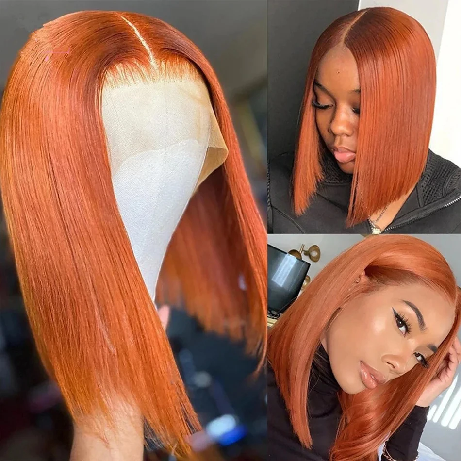 

Ginger Brown Lace Front Wig Bone Straight Lace Front Wig Raw Indian Human Hair Orange Ginger Lace Frontal Wig Short Bob Wig 180%