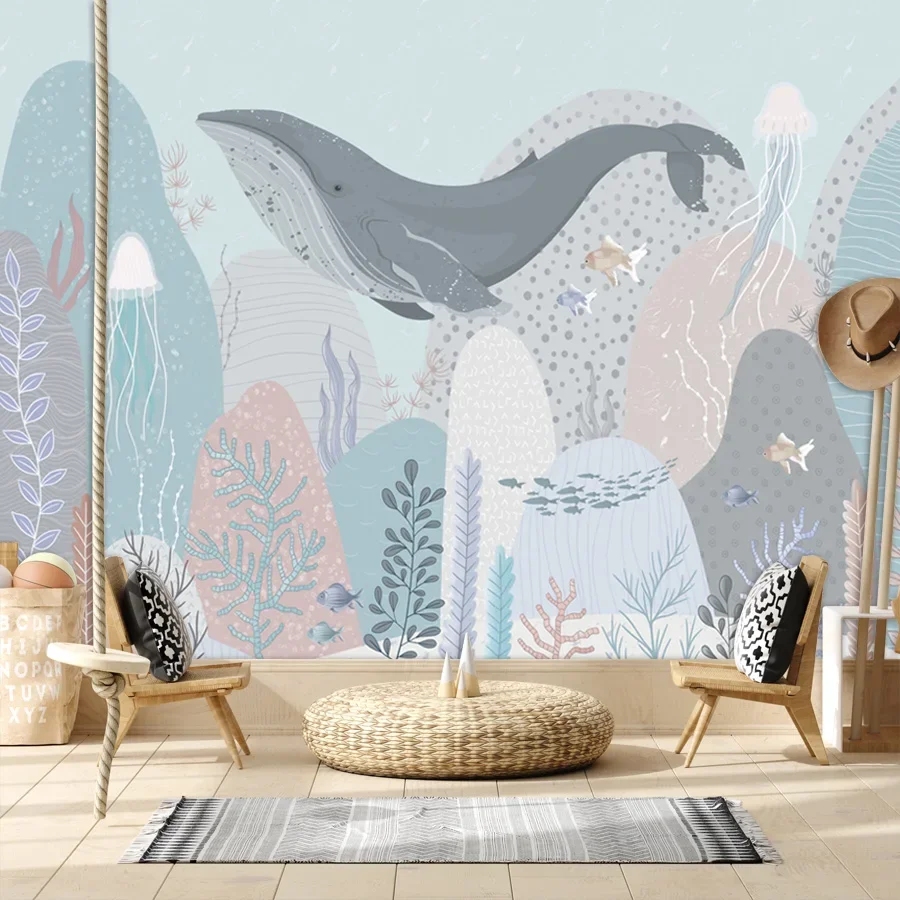 Papel tapiz autoadhesivo personalizado para sala de estar, tapiz de dibujos  animados, animales marinos, ballena, rayas, cama, TV, murales de decoración  del hogar - AliExpress, image size:900x900