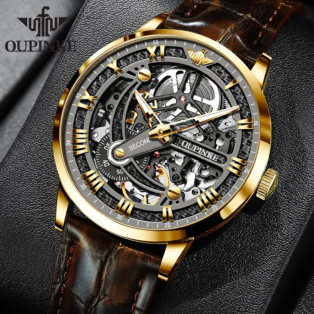 

OUPINKE Mechanical Male Wristwatch Skeleton Hollow Out 50 Meters Waterproof Leather Strap Sapphire Mirror Army Sports Male Watch