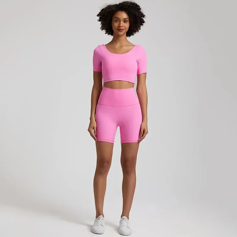 Lemon Soft Women Sport Suit High Waist Short Sleeve T-Shirt 2pc Short Legging Yoga Set Gym Workout Training Jog Hollow Out