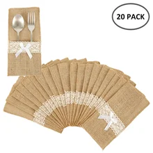 

20Pcs Burlap Lace Cutlery Pouch Rustic Wedding Tableware Knife Fork Holder Bag Hessian Jute Table Decoration Accessories