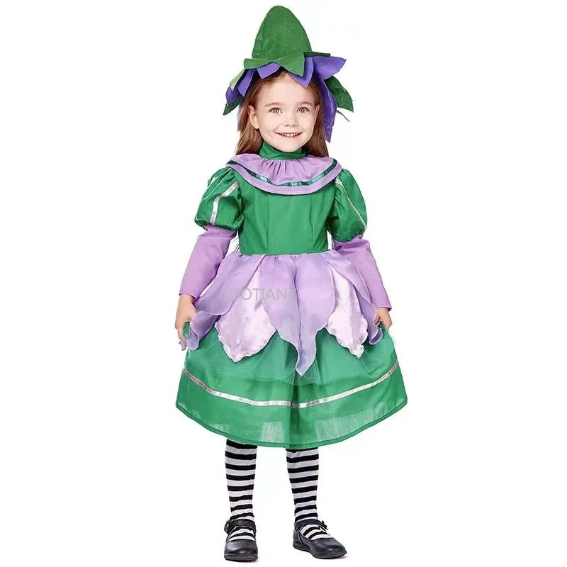 Green Girls Flower Fairy Elf Cosplay Outfit Children Halloween Goblin Costumes Carnival Purim Parade Role Play Party Dress