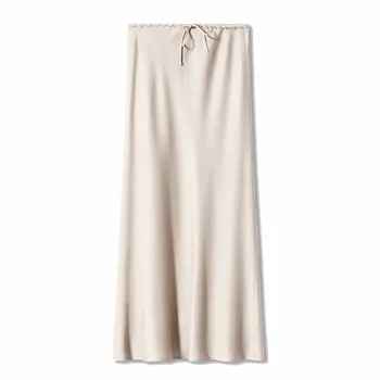 New In 2026 Spring Summer Solid Color Satin Long Skirt For Women High Waist Lace-Up Fashion Elegant Faldas