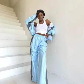 Ladies' Casual Suit Fashionable Loose Color Blocked Long Sleeved Zipper Cardigan Contrasting Top Long Pants Sports Suit 1