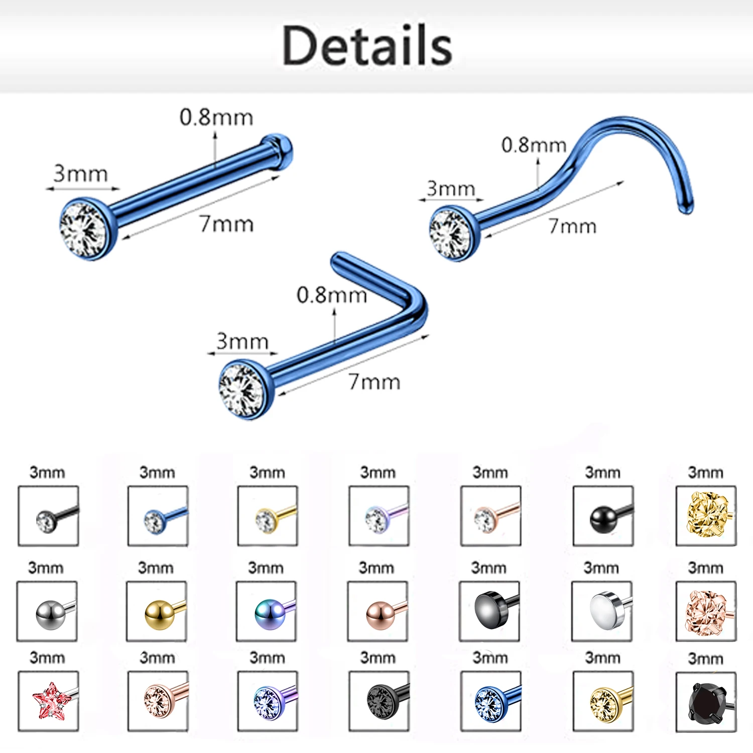 ZS 스테인리스 스틸 코 피어싱, 다채로운 CZ 크리스탈 코 스터드, 나사 S자형 리테이너, 3mm 콧구멍 피어싱 쥬얼리, 20G, 1 개
