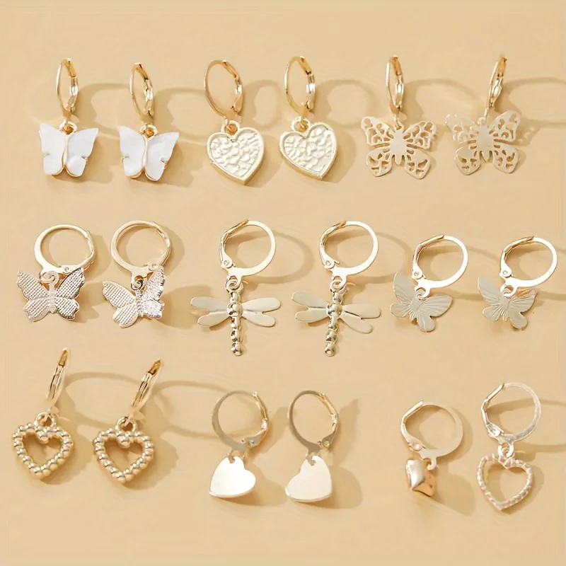 Dangle Earrings 9 Pairs/ Set Exquisite Butterfly Heart Dragonfly Design Simple Vacation Style Delicate Holiday Earrings