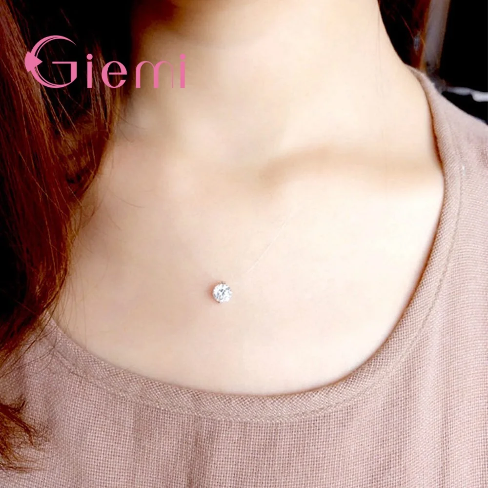 Single Sparkling Zircons Necklace Pendant Invisible Fishing Lines 925 Sterling Silver Jewelry pendant necklace,silver necklace,silver pendant