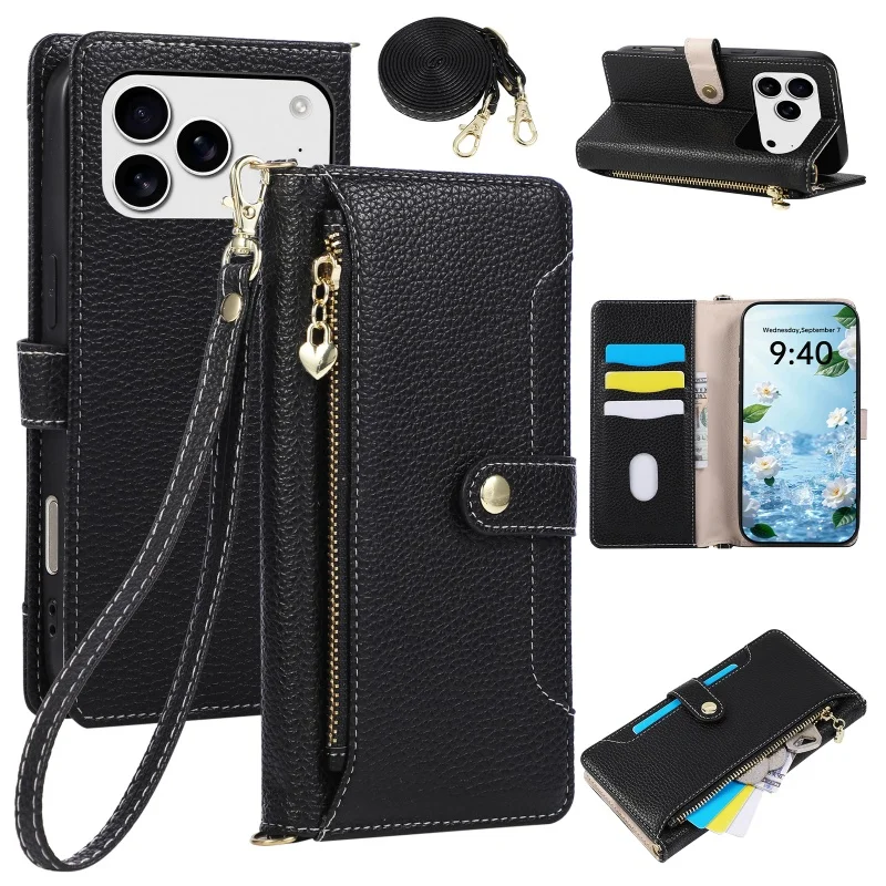 Sleek Crossbody Leather Wallet Phone Case with Wrist Strap and Card Holder