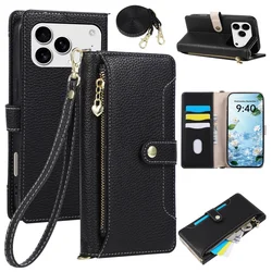 Sleek Crossbody Leather Wallet Phone Case with Wrist Strap and Card Holder - iPhone 15 Plus (Black)