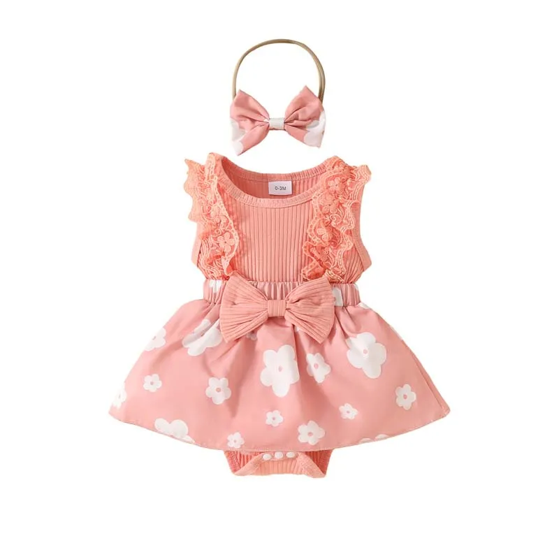 

Newborn Baby Girl Skirt Romper Sets 0-18 Months Pink Sleeveless Dress Bodysuits with Hairband Summer Baby Girl Clothes