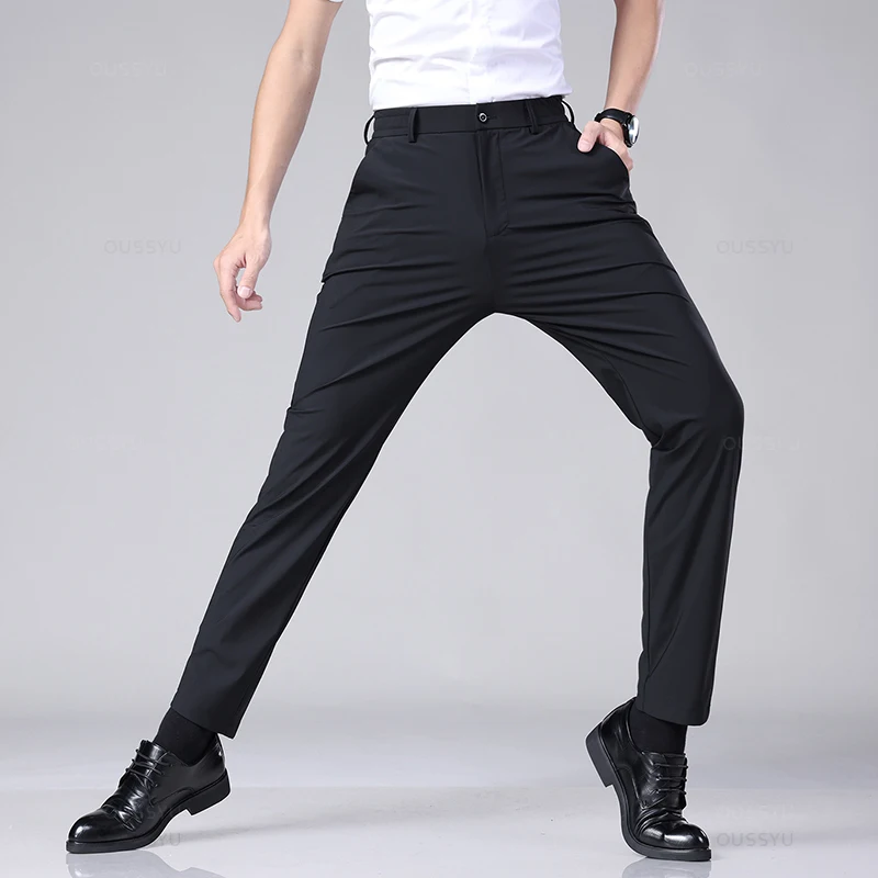 Spring Summer Men's Casual Pants Business Stretch Slim Fit Elastic Waist Jogger Korean Classic Thin Black Gray Trousers Male 4
