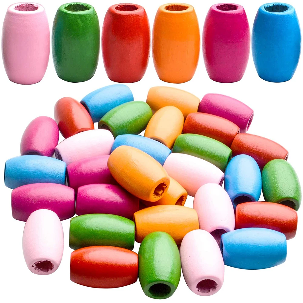 

30 Pcs Colorful Oval Wood Beads Large Hole Tube Beads Barrel Wood Spacer Beads for DIY Bracelet Necklace Hair Craft Decorations