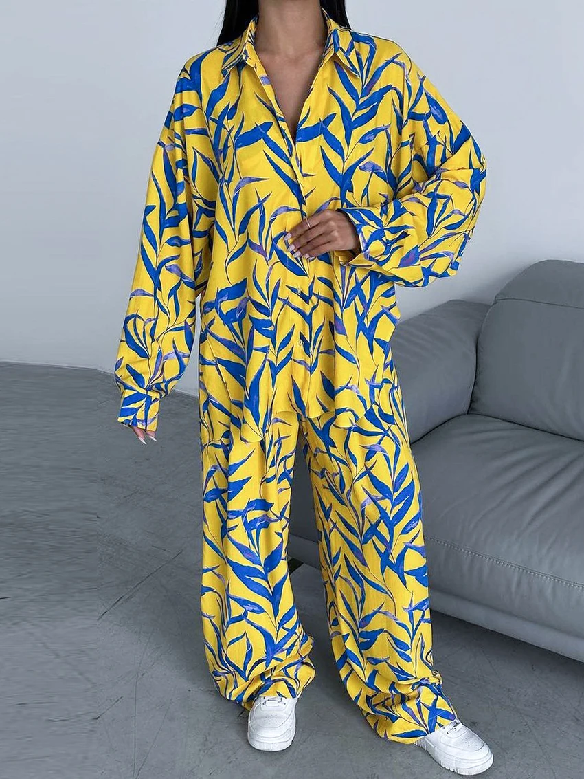 Marthaqiqi Fashion Printing Women Sleepwear Suit Long Sleeve Nightwear Turn-Down Collar Pajamas Pants Winter Nightie 2 Piece Set