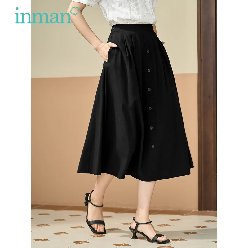 INMAN Women Skirt 2023 Summer Elastic Waist A-shaped Loose Single Breasted Decoration Pocket French Classic Versatile Skirt