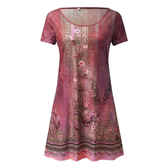Women's Short Sleeve Crew Neck Dress Bohemian Floral Summer Dress Fitted Dresses for Women Knee Length Beach Dresses 2025 - Image 5