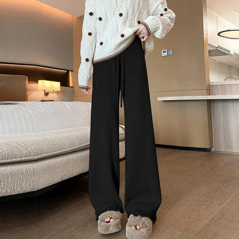 Thickened tassel knitted wide leg pants for women with high waist drawstring for slimming casual floor mop pants