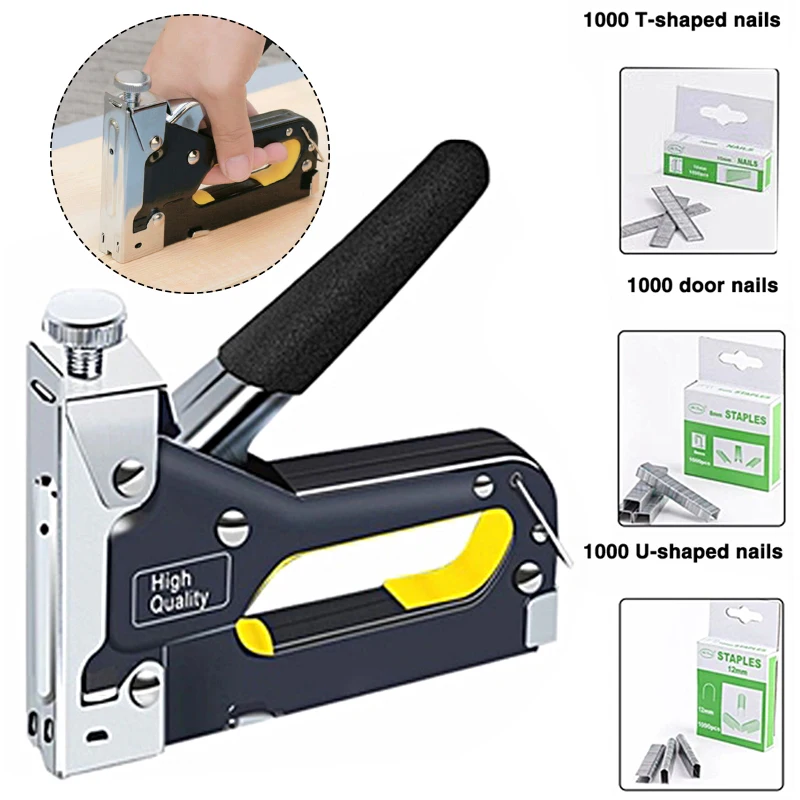 

3-in-1 1000 Staples Manual Heavy Duty Door Furniture Nail Staple Metal Hand Tool Nail Gun Home Decor Carpentry Tool