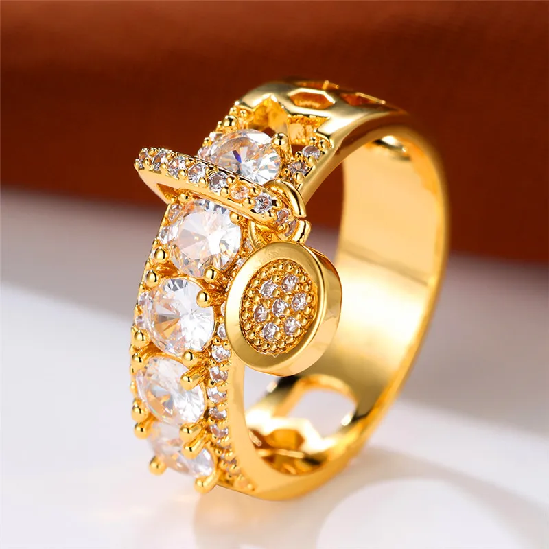 Luxury Female Crystal White Round Zircon Stone Engagement Ring Cute Yellow Gold Color Wedding Jewelry For Women