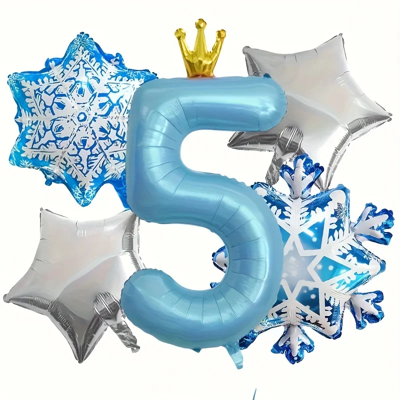 5/6 Stück Schneeflocken-Folienballons mit 40 Zoll blauem Kronen-Zahlenballon für Prinzessinnen-Themen-Geburtstagsfeier-Dekorationen, Babyparty – Detail 7