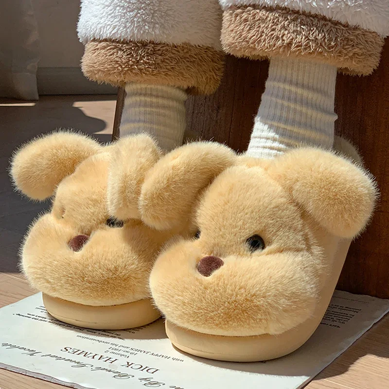 Faux Fur Cute Dogs Cotton Slippers Women Thick Bottom Non Slip House Cotton Slippers Woman Winter Indoor Warm Plush Sides Lady