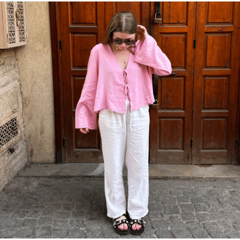 Fashion V-neck Lace Up Shirts Women Spring Summer New Casual Long Sleeve Blouse For Female Solid Elegant Street Lady Tops