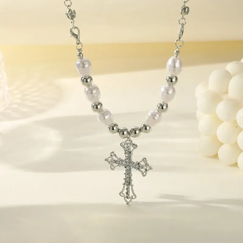 1pcs Faux White Gold-color pendant necklaces Hip Hop Punk Cross Pendant Handmade Wear Faux Pearls Colla