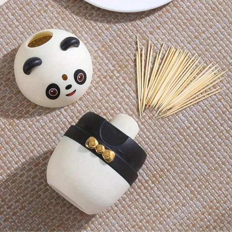 Large Capacity Automatic Panda Toothpick Dispenser Portable Bamboo Organizer with Dustproof Cover Cartoon Design for Kitchen Use