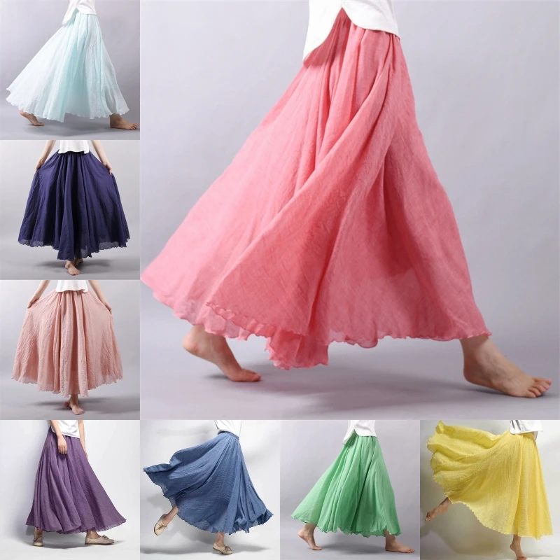 

Women Summer Cotton Linen Skirt Pleated Fabrics Solid Long Skirts Female Vintage Ruffles Loose Big Hem A-line Skirts 20 Colors