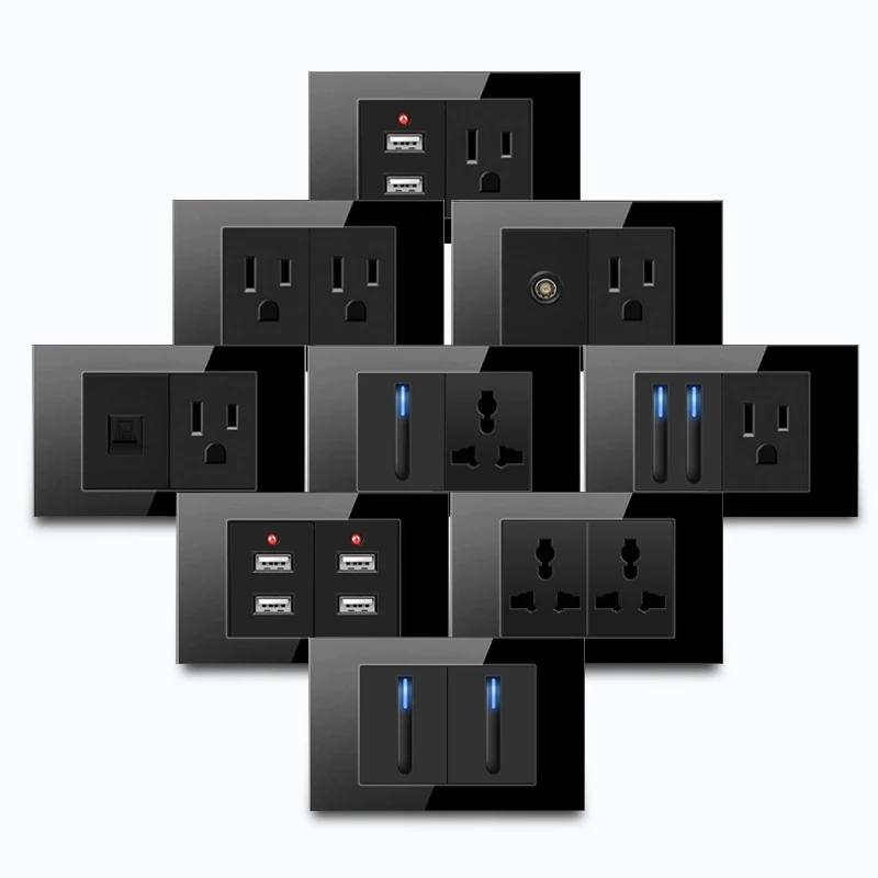 Model 118 Reset Black Glass USA Mexico Thailand Universal Socket Wall Light Button Switch Socket LED Indicator USB Charging