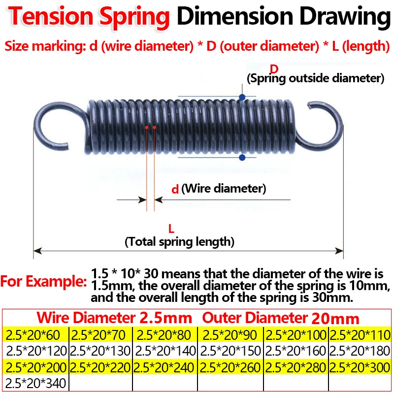 Open Hook Tension Spring Pullback Spring Coil Extension Spring Draught Spring Wire Diameter 2.5mm Outer Diameter 20mm