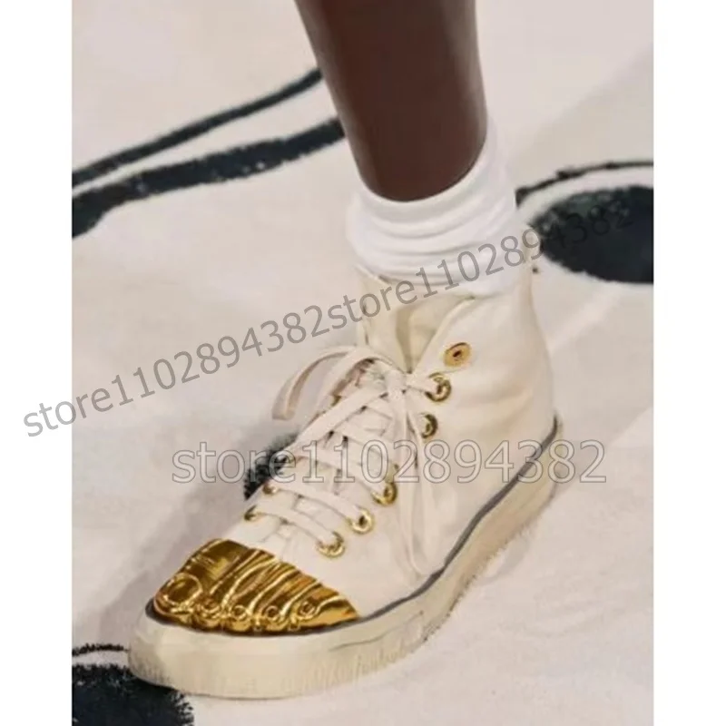 

Gold Five Fingers Beige Sole Canvas Sneakers Cross Tied Women Shoes High Top New Fashion Banquet Runway 2024 Zapatos Para Mujere