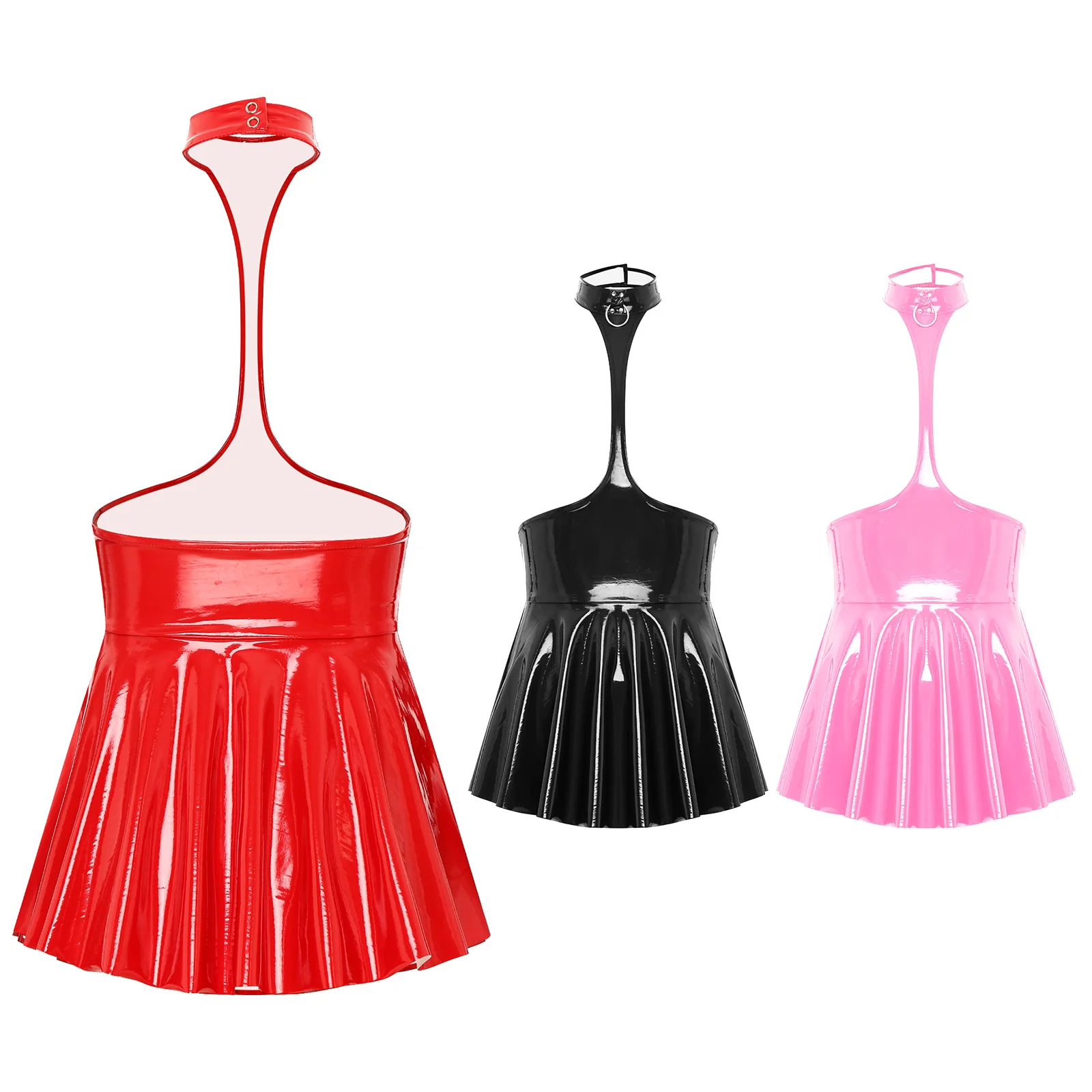 Womens Open Chest Halter Ruffled Latex Dress Wet Look Patent Leather Sleeveless Backless Dresses Lingerie Nightwear Clubwear