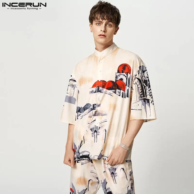 

Повседневные топы в уличном стиле INCERUN, новая мужская блузка в стиле пейзажа, стильные мужские рубашки с рукавом три четверти и принтом в стиле ретро