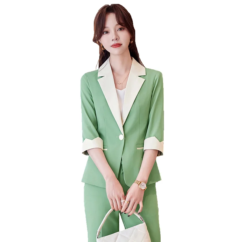 

Formal Women Business Suits Spring Summer Half Sleeve Pantsuits Professional OL Styles Career Work Wear Trousers Set Blazers