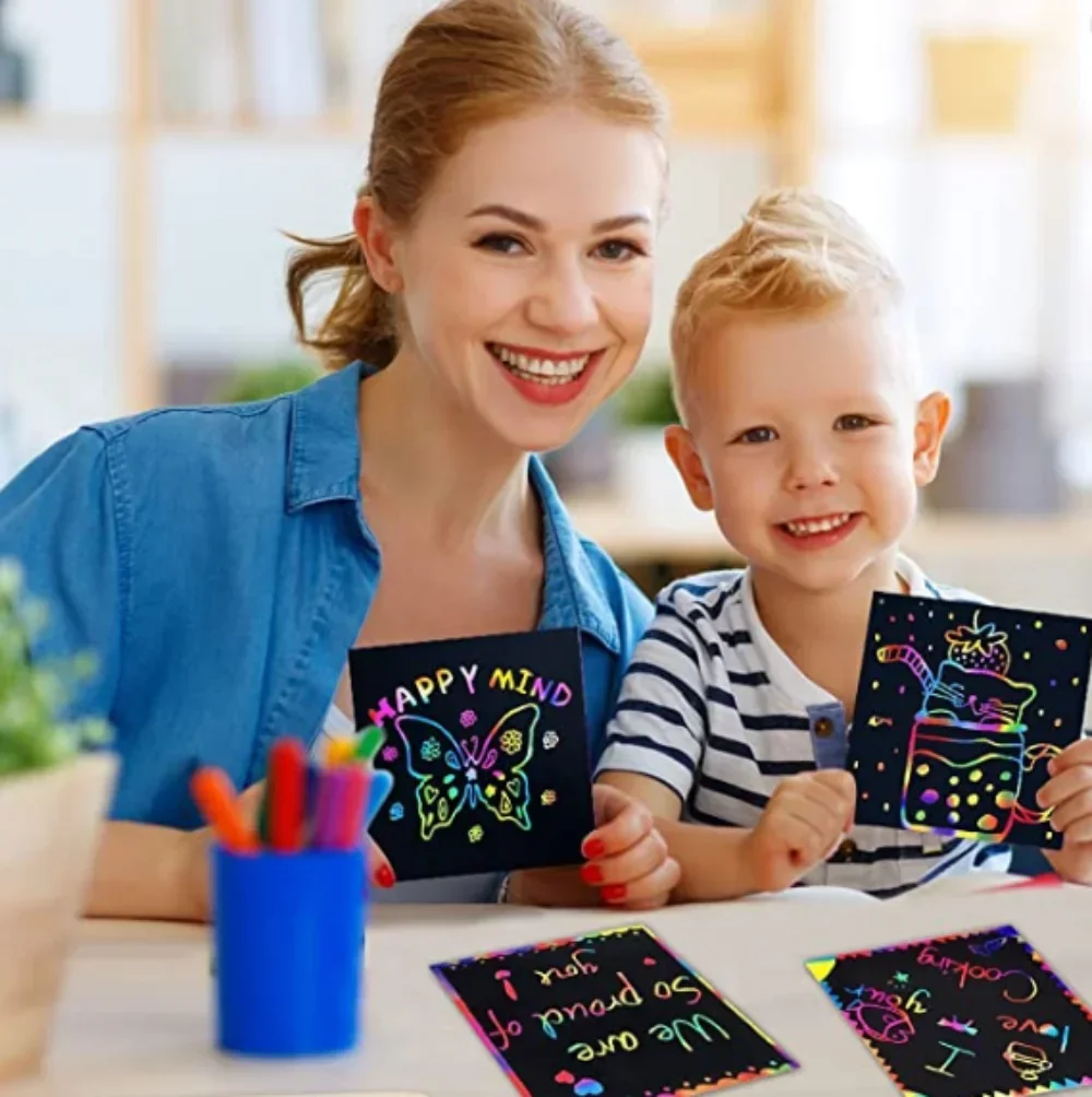 100Pcs Magic Color Rainbow Scratch Mini Notes Paper Pad Cards With Stylus Children Kids Draw Painting Toys Craft Gift  DIY Toys 5