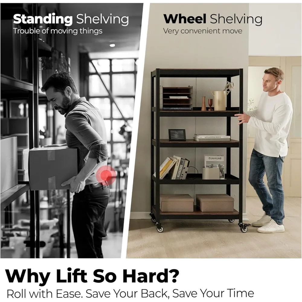 HOMEDANT House 5-Tier Metal Rolling Cart Shelf Rack Casters Heavy Duty Laminated Wheel Shelving Unit Adjustable Utility Storage