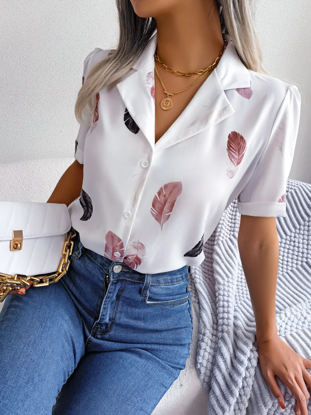 

Summer Women Elegant Feather Print Loose Shirt Top Casual Fashion Short Sleeve Lapel Collar Button Blouse T-shirt Streetwear