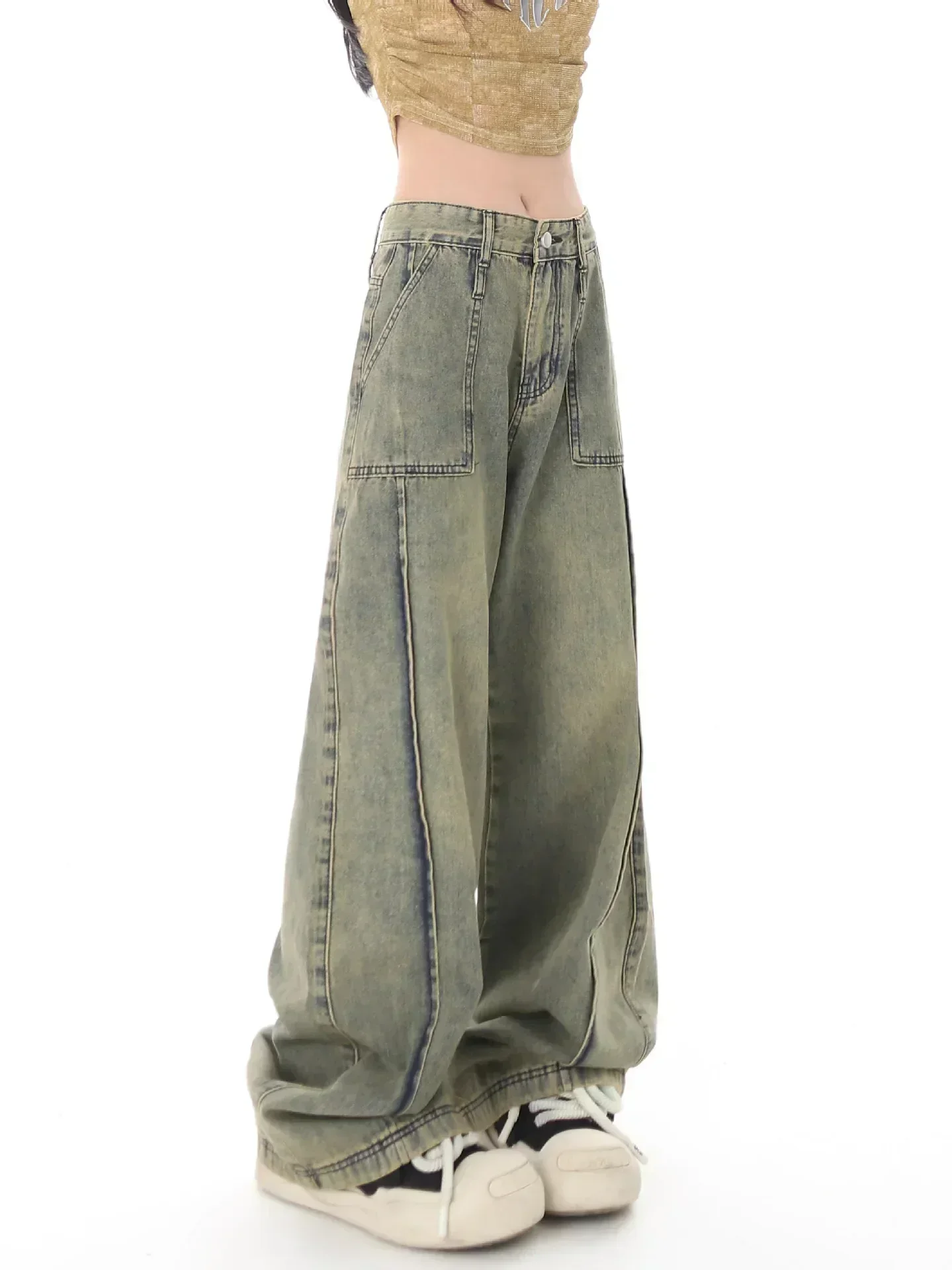 

Yellow Mud Dyed Washed Distressed Jeans Women's Loose Straight Wide-leg American Retro High Street Personality Mopping Pants