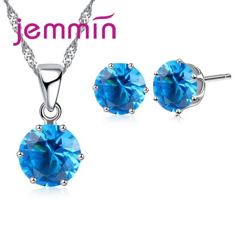 Factory Price 8 Colour Crystal 925 Sterling Silver Stud Earrings Necklace Set Women Party Jewelry Set