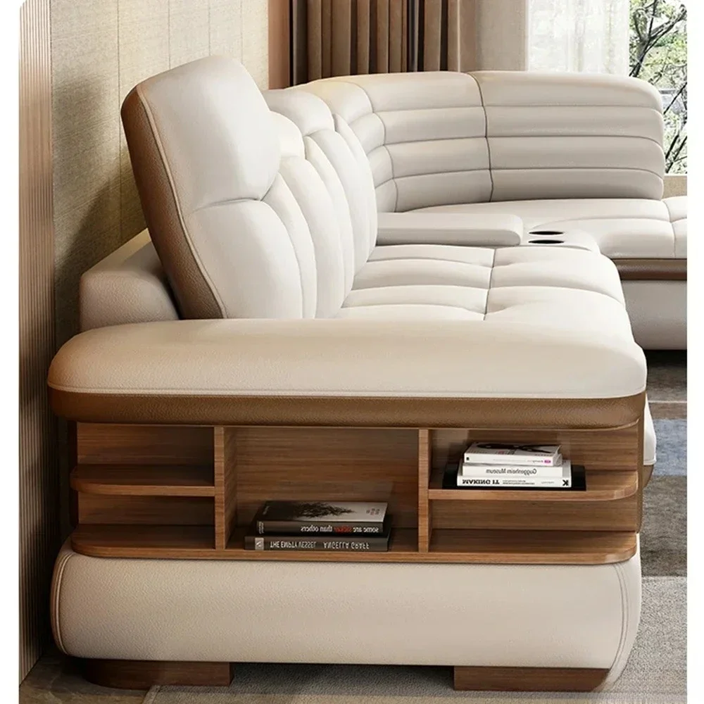 Luxury L-Shaped Genuine Leather Sectional Sofa Sets with USB, Bluetooth Speaker-MINGDIBAO Living Room Italian Leather Couches