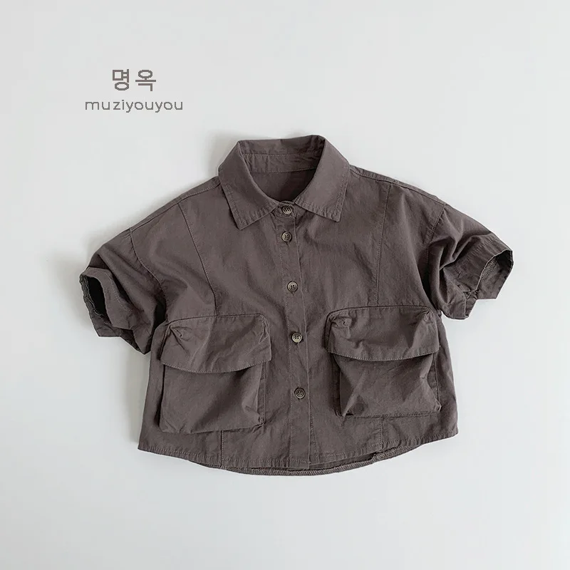 Summer New Vintage Kids Boys Cargo Shirts Baby Short Sleeve Lapel Shirts Solid Baby Girls Casual Tops Infant Clothes