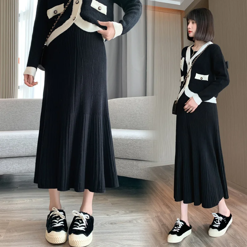 Winter Pregnant Women High Waist Belly Skirts Fashion Knitted Skirts Adjustable Waist Long Loose Maternity Empired Pleated Skirt