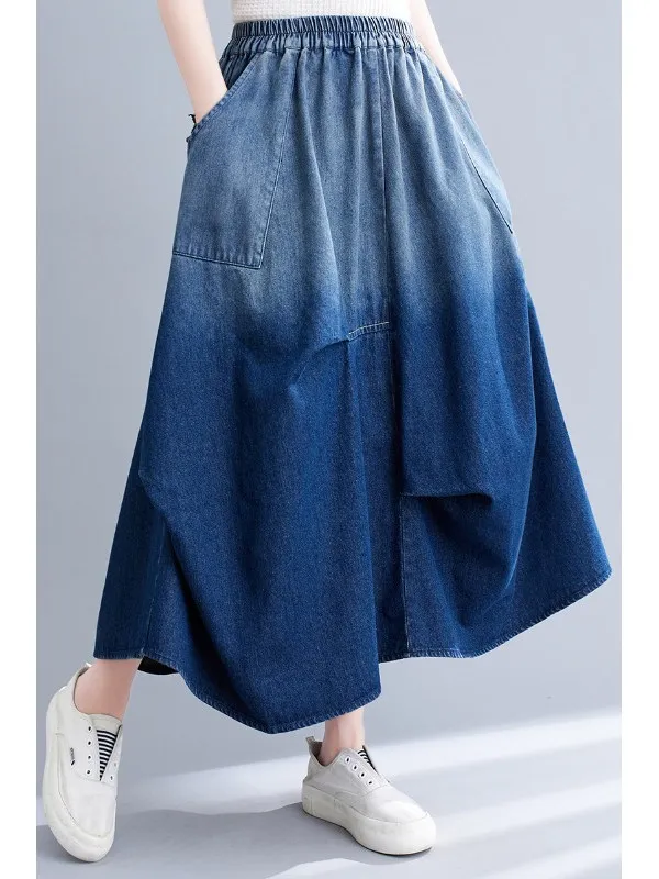 aduated Color Denim A-Line Skirt Women's Summer Elastic Waist Loose Pleated Long Skirts for plus Size Hide Hip Slimming