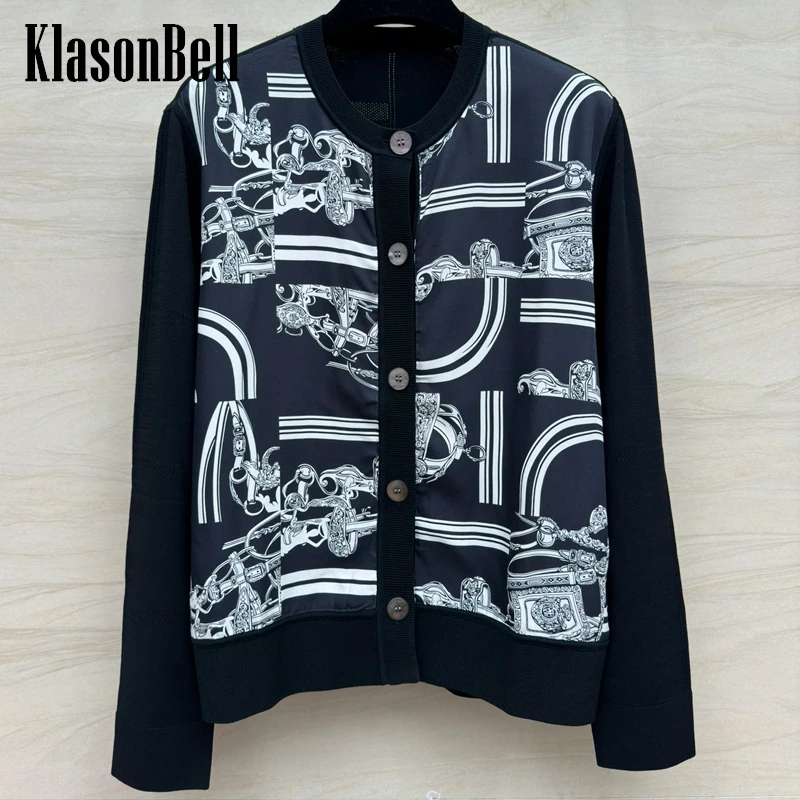 

4.16 KlasonBell Women's New Lock Chain Print Pattern Spliced Hollow Out Long Sleeve O-Neck Versatile Knit Cardigan