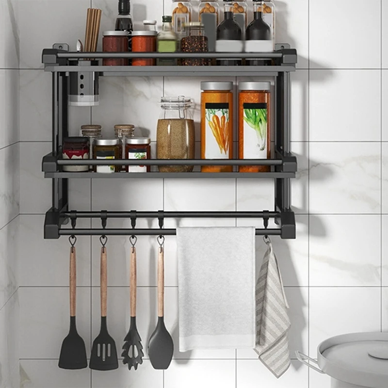 

Полка-органайзер для ванной комнаты-2 уровня полка для хранения с регулируемым крючком настенная полка для использования в ванной комнате простой в использовании 38x15x50 см