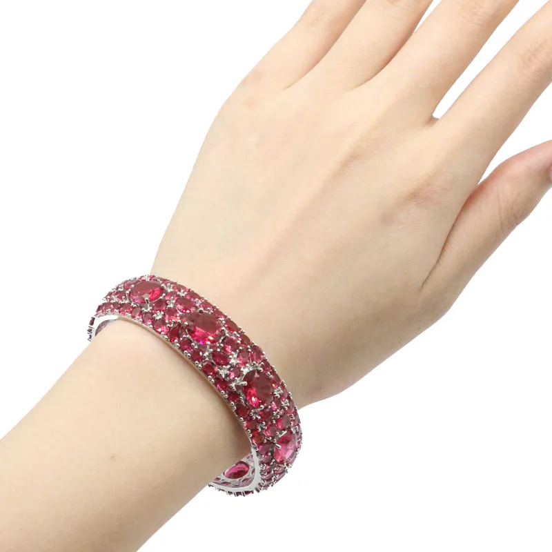 43g 925 SOLID STERLING SILVER Bangle Customized BRACELET Big Heavy Tanzanite London Blue Topaz Rhodolite Garnet Woman's 7.5inch