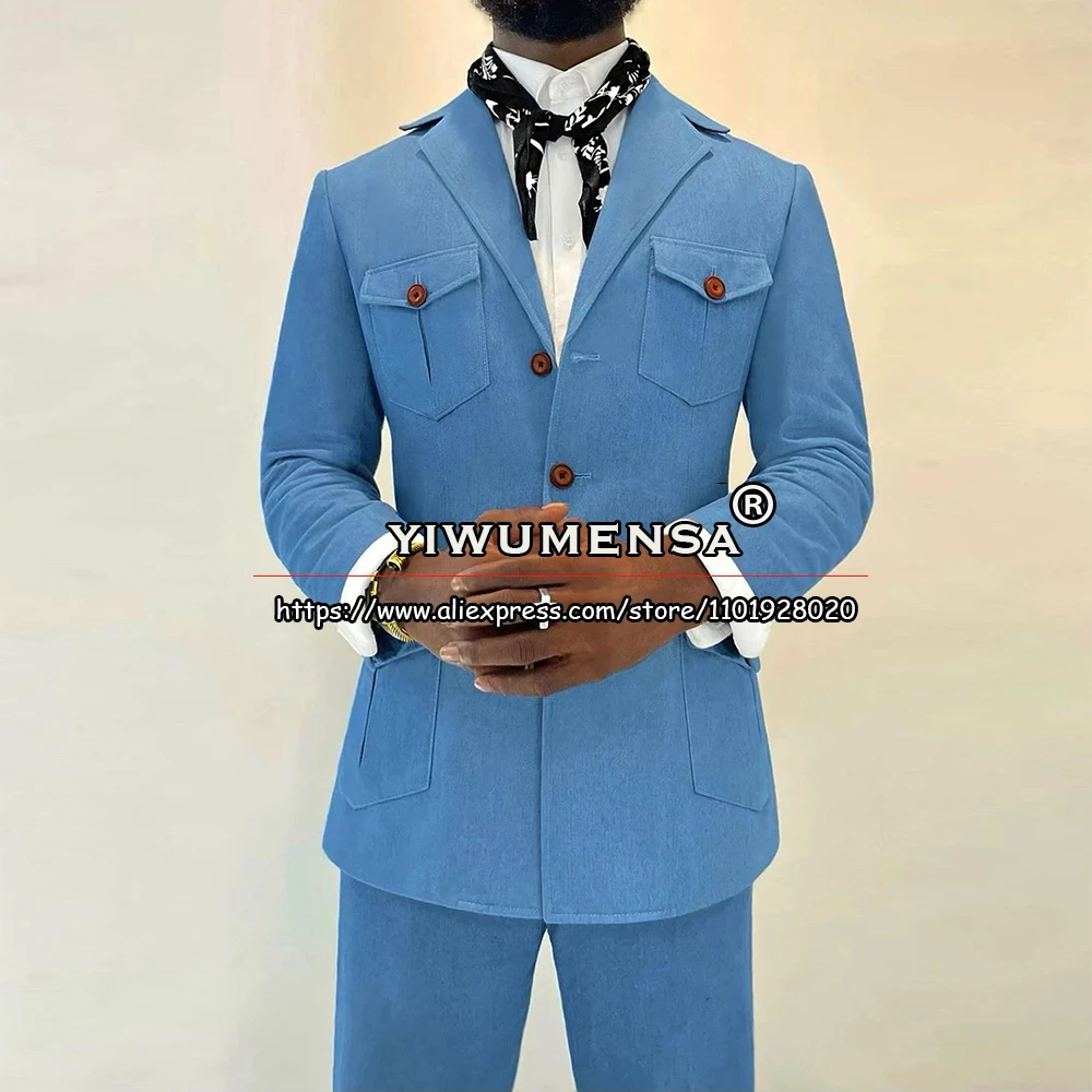 

Bule Men Suit Smoking Business Office Blazer Set Single Breasted Coat Pant 2 Pieces Formal Prom Party Tuxedo Tailore-Made 2023